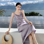 Spaghetti Strap Cowl Neck Plain Open Back Satin Midi A-Line Prom Dress