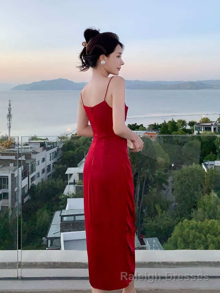 Spaghetti Strap Cowl Neck Plain Satin Slit Midi Sheath Prom Dress