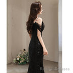 Short-Sleeve Cold Shoulder Plain Sequin Ruffle Slit Mesh A-Line Evening Gown