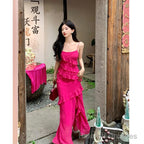 One Shoulder Asymmetrical Plain Ruffled Midi A-Line Dress