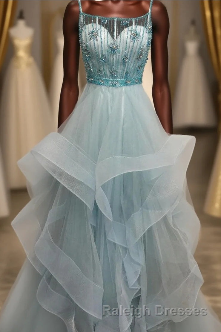 Light Green Spaghetti Straps Tulle Prom Dress with Beading Crystal Main image