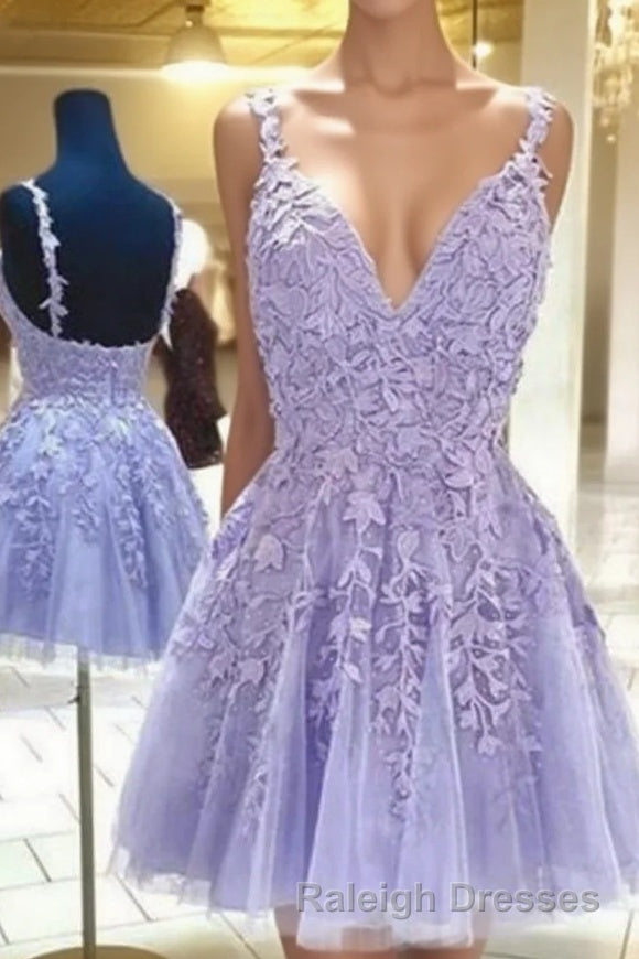 Lilac A-Line Spaghetti Straps Homecoming Dress With Appliques