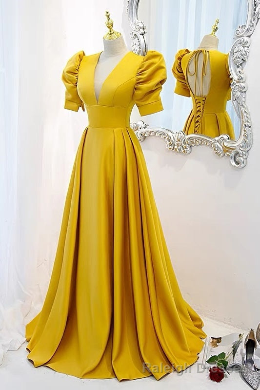 Open Back Yellow Prom Dress with Sleeves Main image