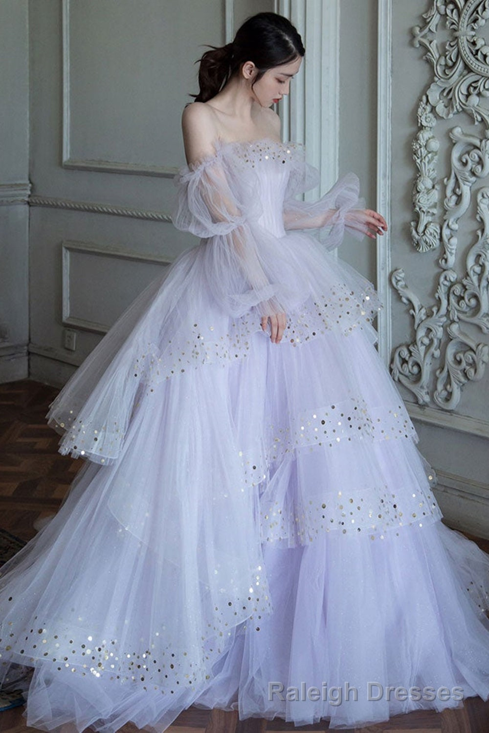 Long Sleeves Layered Light Purple Tulle Long Prom Dresses, Light Purple Formal Evening Dresses, Ball Gown Main image