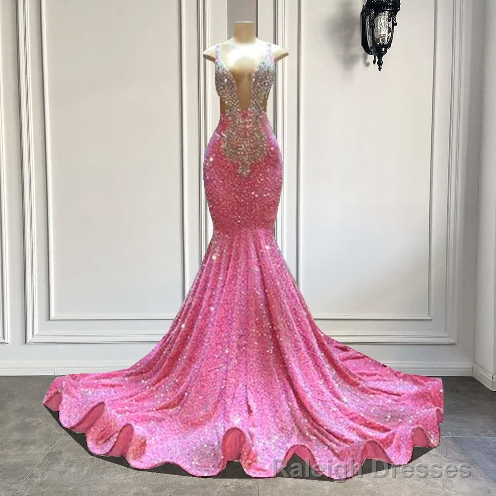Glamorous Sparkly Sequins Prom Dresses, Deep V Neck Sleeveles Stretch Satin Mermaid Prom Dress Main image