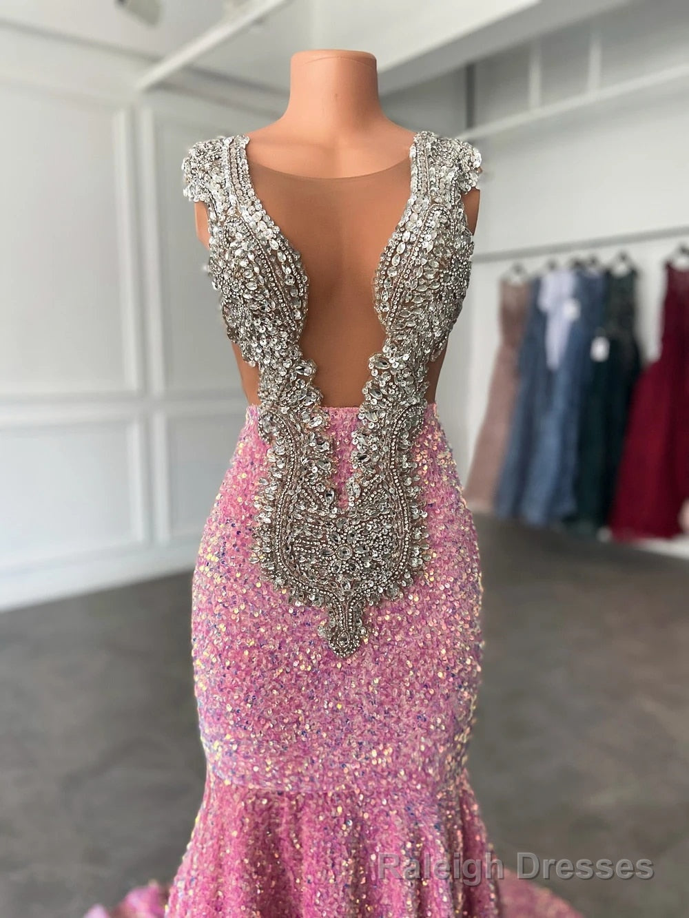 Glamorous Sparkly Sequins Prom Dresses, Deep V-Neck Sleeveles Stretch Satin Mermaid Prom Dress
