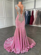 Glamorous Sparkly Sequins Prom Dresses, Deep V Neck Sleeveles Stretch Satin Mermaid Prom Dress