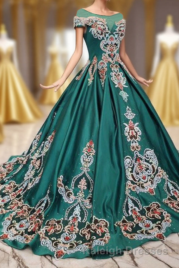 Luxury Green Round Neck Short Sleeves Prom Dresses with Beading Main image