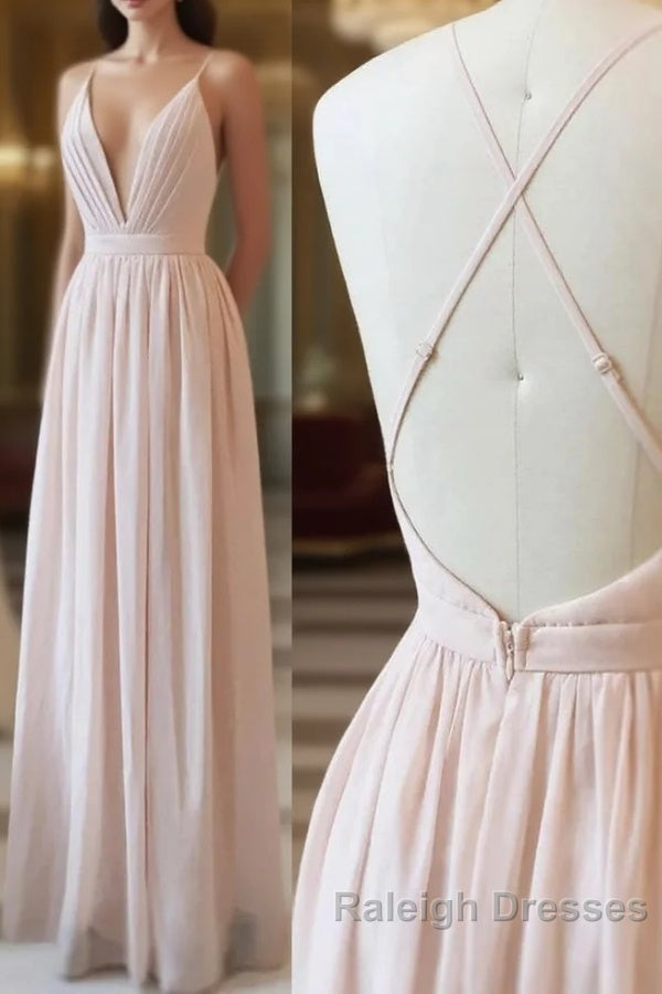 Simple V Neck Zipper Back Floor Length Pink Chiffon Long Elegant Bridesmaid Dress