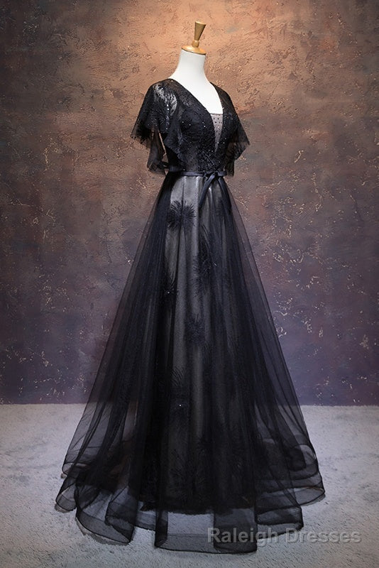 Modest Black Long A Line V Neck Black Prom Dresses Chic Prom Dresses