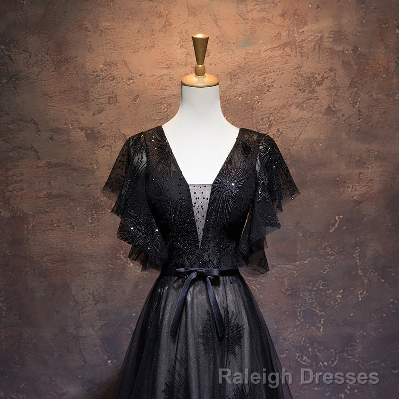 Modest Black Long A-line V-neck Black Prom Dresses Chic Party Dresses