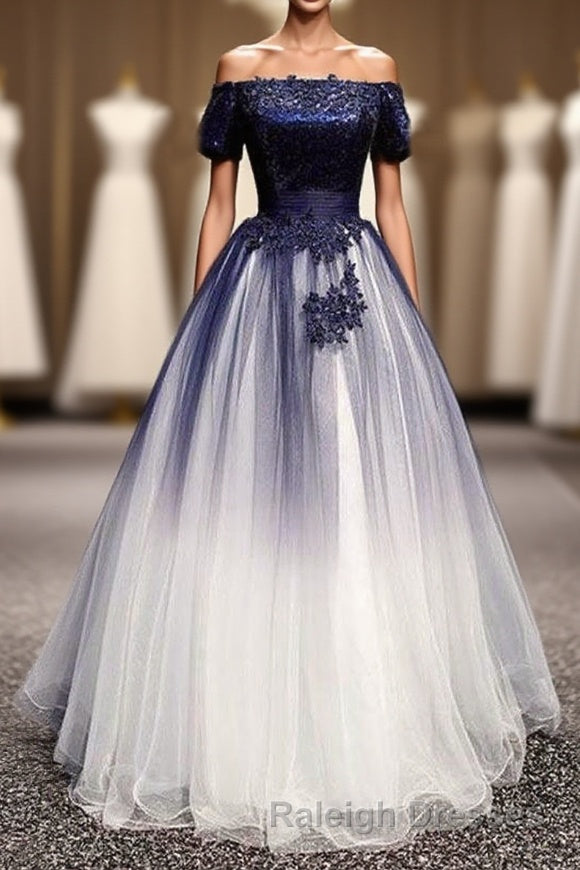 Modest Royal Blue Long Flowy Evening Prom Dresses With Lace Appliques