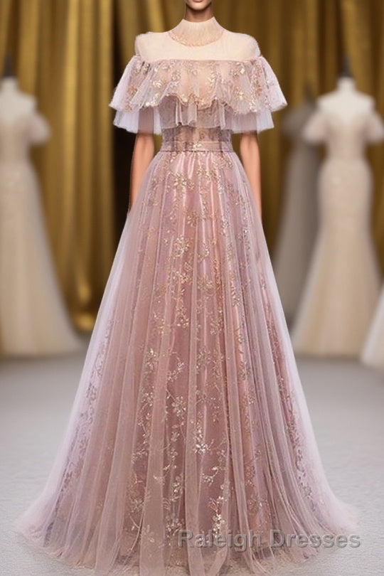 Elegant High Neck Vintage Long Lace Up Prom Dress Flowy Prom Gowns Main image