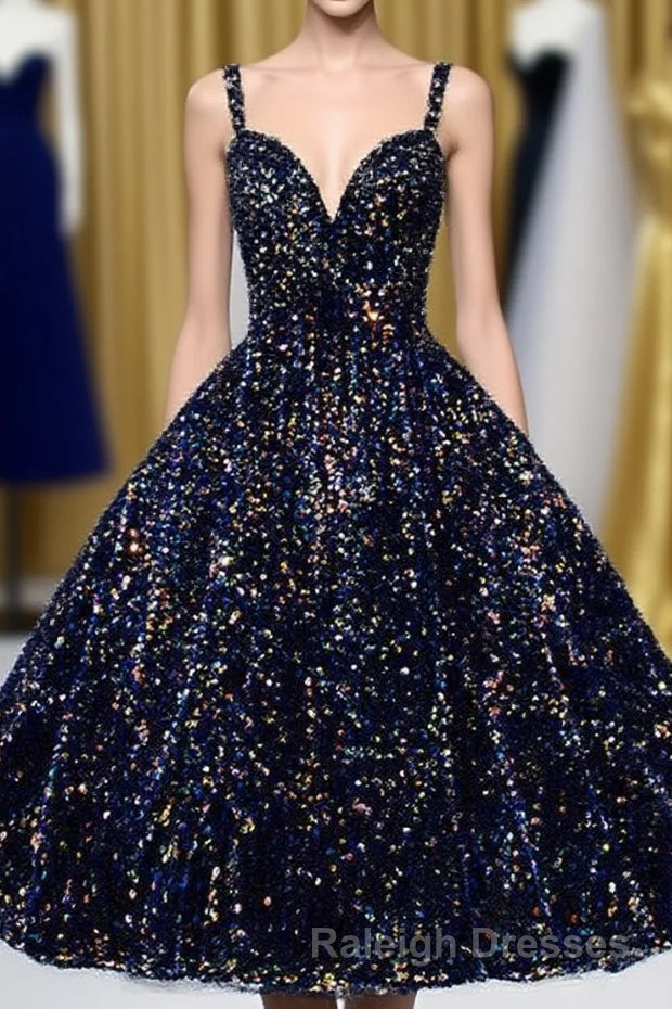 Glitter Spaghetti Straps Cute Short Prom Dresses Tight Tea Length Homecoming Dress Main image