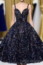 Glitter Spaghetti Straps Cute Short Prom Dresses Tight Tea Length Homecoming Dress