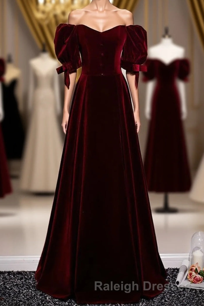 Modest Charming Burgundy Long Prom Dresses Vintage Evening Dresses With Bowknot
