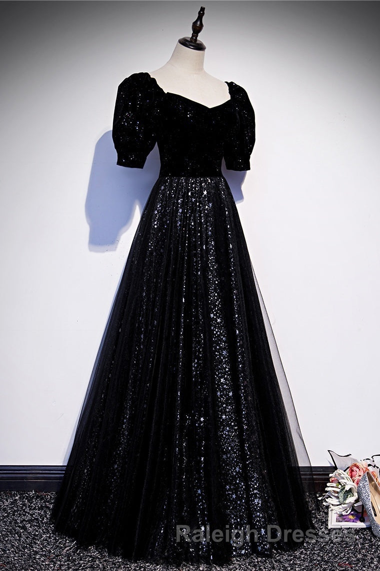 Modest Sparkly Black Long A-line Prom Dresses With Sleeves Evening Gowns Secondary image