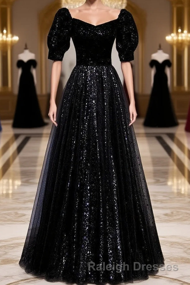 Modest Sparkly Black Long A-line Prom Dresses With Sleeves Evening Gowns Main image