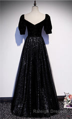 Modest Sparkly Black Long A-line Prom Dresses With Sleeves Evening Gowns
