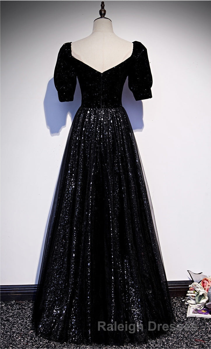 Modest Sparkly Black Long A-line Prom Dresses With Sleeves Evening Gowns