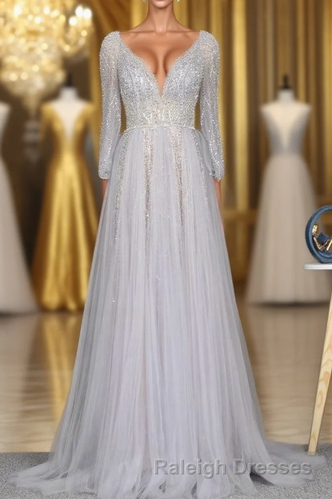Amazing Long Gray Beading Prom Dresses Modest Evening Gowns Main image
