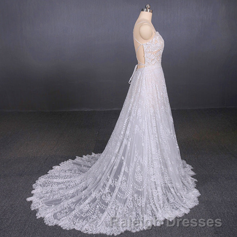 Charming Spaghetti Straps Long A-line Wedding Dresses Beach Wedding Dresses
