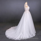 Flowy A Line Long V Neck Lace Tulle Beach Wedding Dress Bridal Gowns