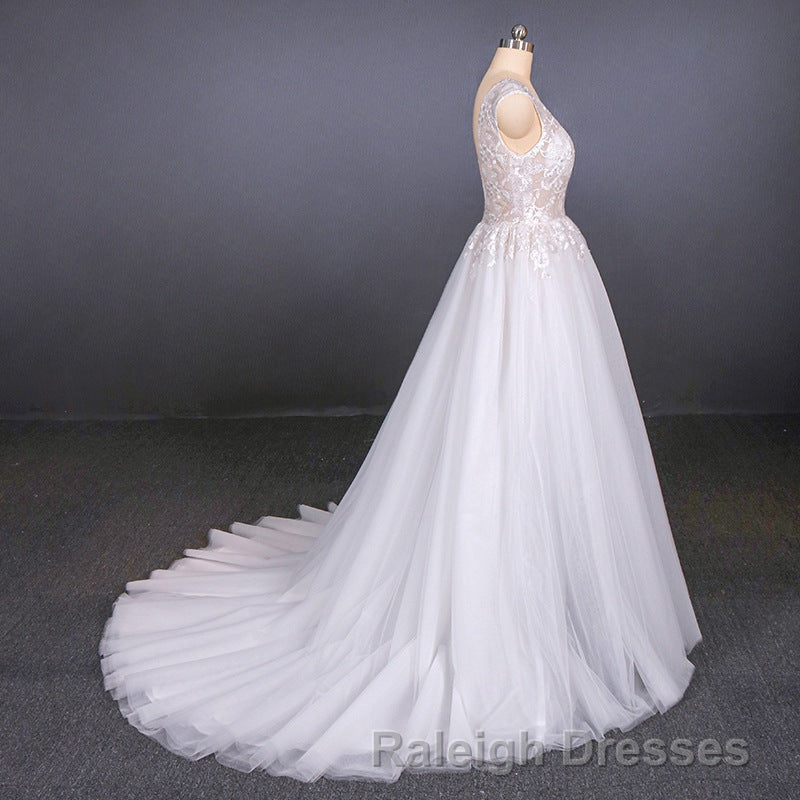 Flowy A Line Long V Neck Lace Tulle Beach Wedding Dress Bridal Gowns