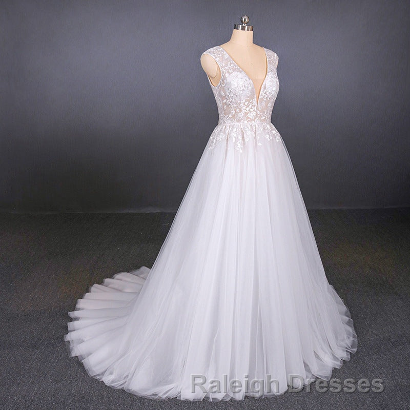 Flowy A Line Long V Neck Lace Tulle Beach Wedding Dress Bridal Gowns