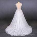 Flowy A Line Long V Neck Lace Tulle Beach Wedding Dress Bridal Gowns