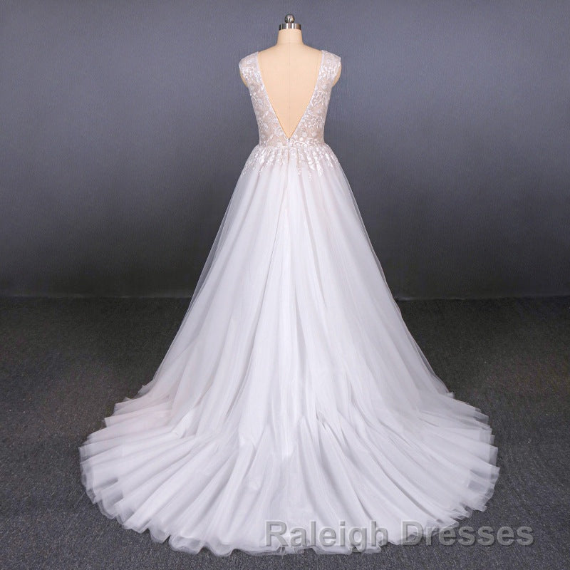 Flowy A Line Long V Neck Lace Tulle Beach Wedding Dress Bridal Gowns