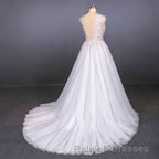 Flowy A Line Long V Neck Lace Tulle Beach Wedding Dress Bridal Gowns