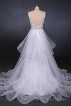 Charming V Neck Lace Wedding Dress Elegant Backless Wedding Gowns