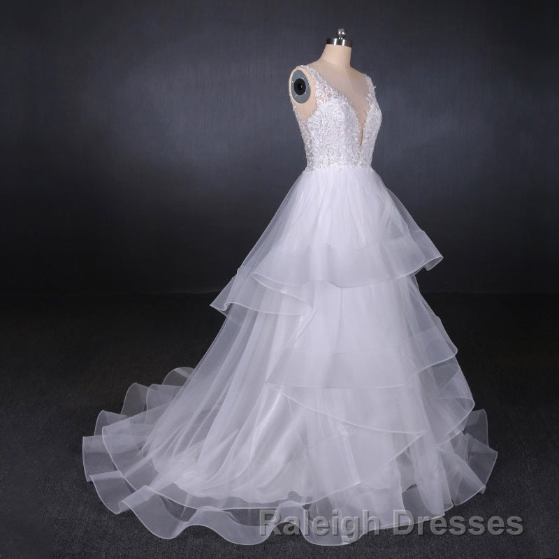 Charming V Neck Lace Wedding Dress Elegant Backless Wedding Gowns