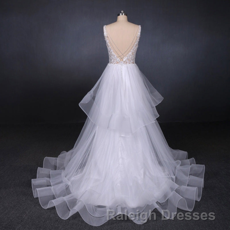 Charming V Neck Lace Wedding Dress Elegant Backless Wedding Gowns