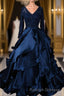 Formal V-neck Beading Lace Satin Backless Ball Gown Prom Dresses With Sleeves