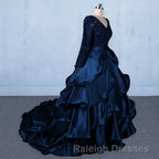 Prom V Neck Beading Lace Satin Backless Ball Gown Prom Dress With Sleeves