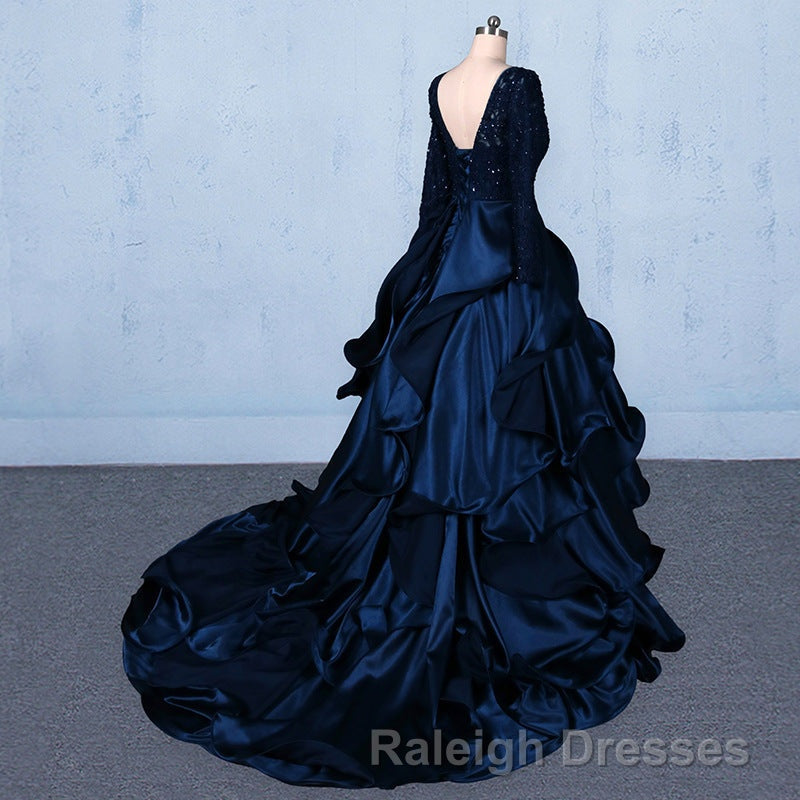 Formal V-neck Beading Lace Satin Backless Ball Gown Prom Dresses With Sleeves