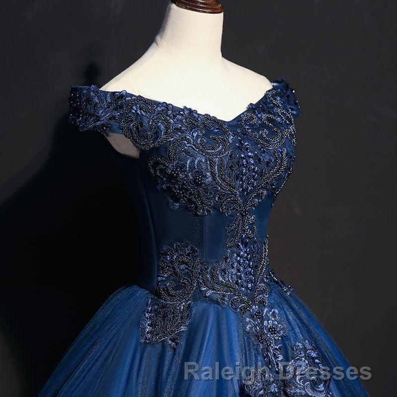 Off The Shoulder Lace Up Floor Length Princess Prom Dresses With Lace Appliques