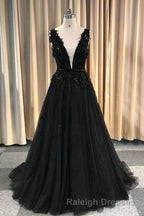 Prom Deep V Neck Long Black Prom Dress With Lace Appliques
