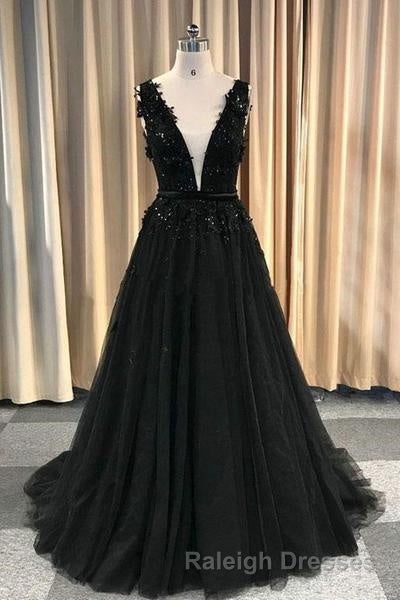 Prom Deep V Neck Long Black Prom Dress With Lace Appliques