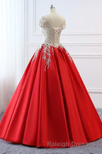 Modest Red Cap Sleeves Ball Gowns Lace Satin Prom Dress