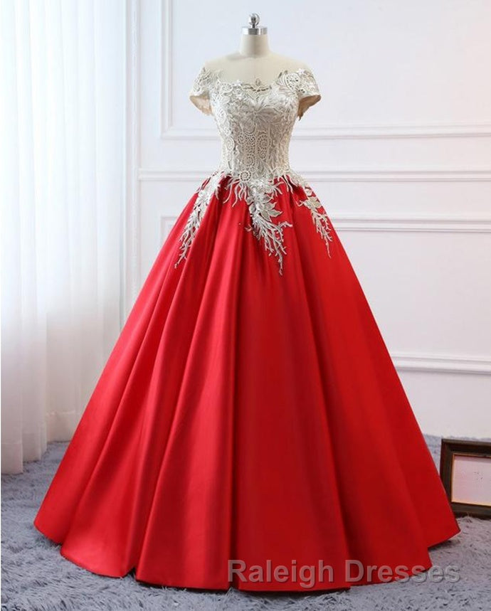 Modest Red Cap Sleeves Ball Gowns Lace Satin Prom Dress