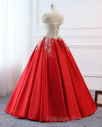 Modest Red Cap Sleeves Ball Gowns Lace Satin Prom Dresses Evening Dresses