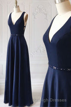 Navy Blue V Neck Floor Length Simple Cute Long Prom Dress