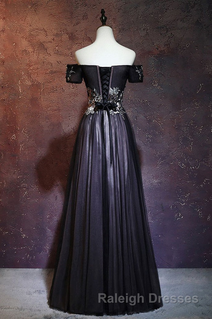 Beauty Off The Shoulder Floor Length Lace Up Long Black Prom Dresses With Appliques Secondary image