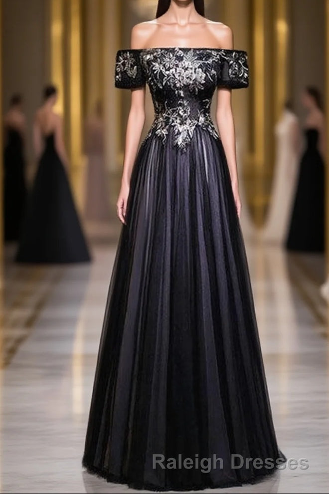 Beauty Off The Shoulder Floor Length Lace Up Long Black Prom Dress With Appliques