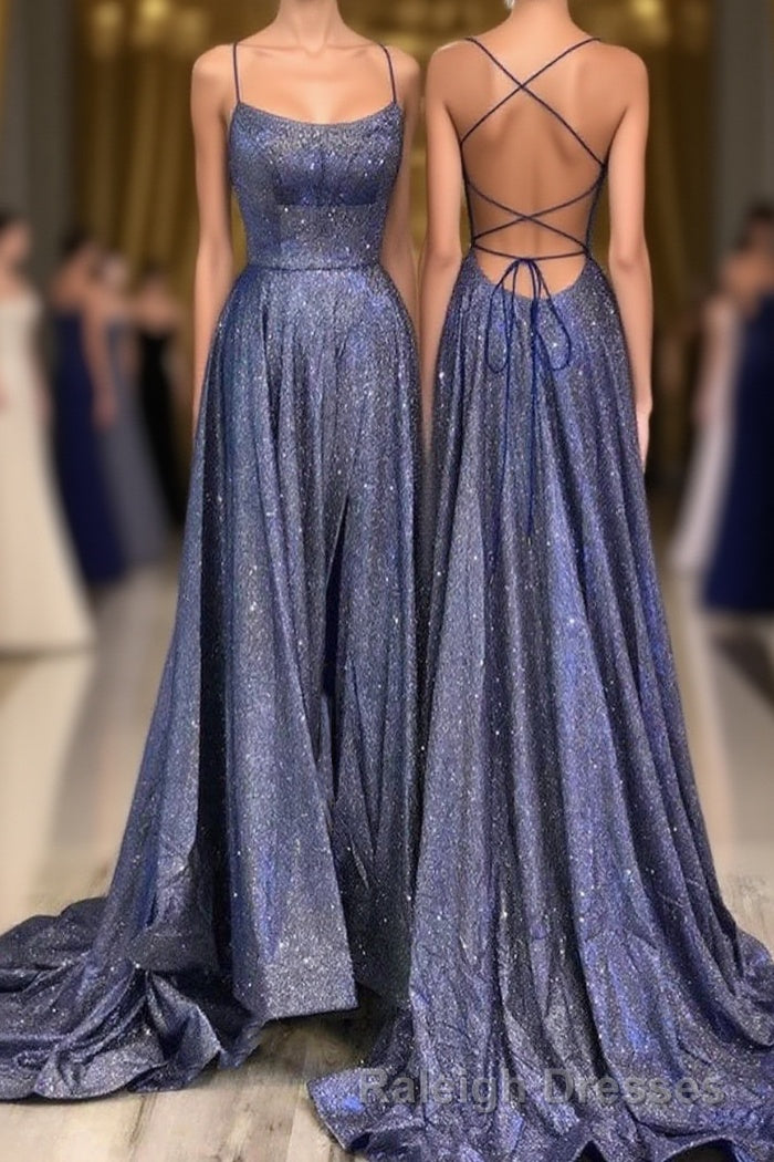 Beautiful Spaghetti Straps Backless Long Blue Party Prom Dresses