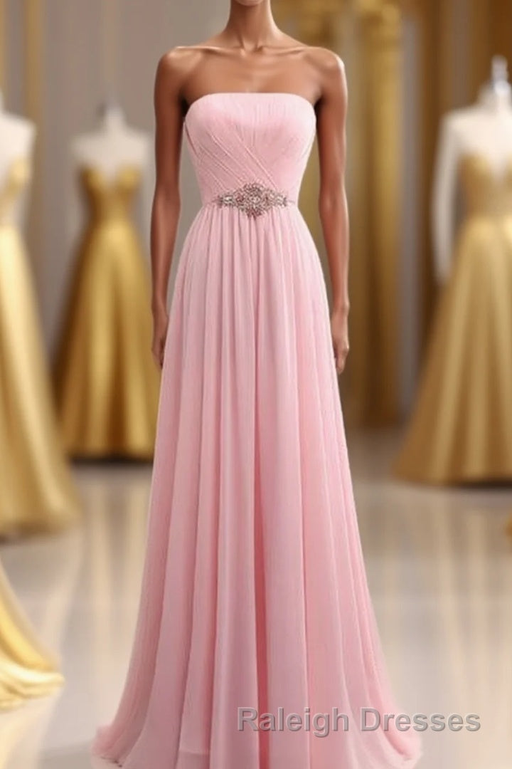 Elegant Strapless A-line Pink Chiffon Long Prom Dresses Girly Dresses Main image