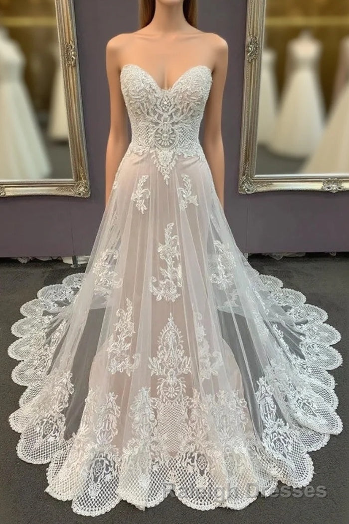 Modest Sweetheart Lace Long Wedding Dresses Beach Wedding Dresses